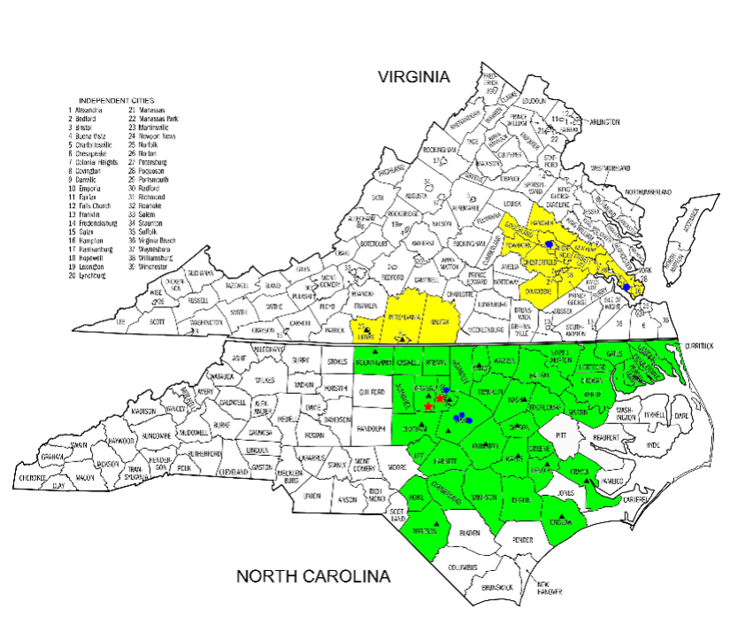 Map of NC and Virginia, with ENVISION counties highlighted