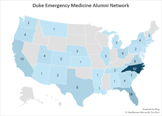 US map showing where graduates have gone