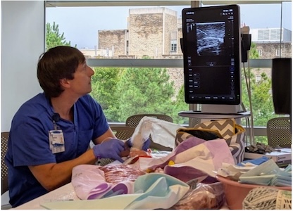 A provider demonstrates ultrasound-guided regional nerve blocks using a blend of tissue and synthetic materials. 