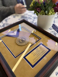 Award plaque on table
