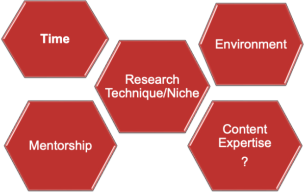 5 hexagons, each with the following written inside; Time, Mentorship, research technique/niche, Environment, Content expertise?