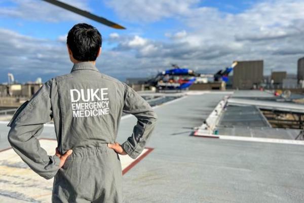 EM provider looking at Duke Life Flight helicopter